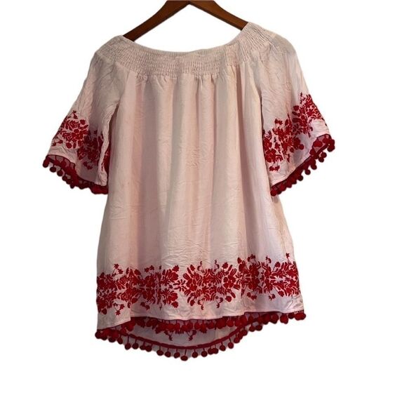 Show Me Your MuMu Tops - Women's Show Me Your Mum Pink & Red Embroidered Top with Pom Moms